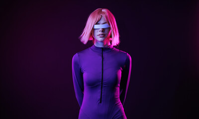 Woman in futuristic costume. Female in modern VR glasses interacting with network while having virtual reality experience. Augmented reality game, future technology, AI concept. VR. 