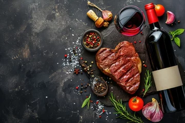 Zelfklevend Fotobehang grilled beef steak for valentines day pragma in black background © Summit Art Creations