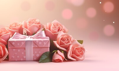 Gift box and pink roses on pink background, ai generative


