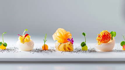 Creative Michelin-starred dishes using different ingredients, very creative shapes, and food placed directly on a black background, The Art of Cooking.