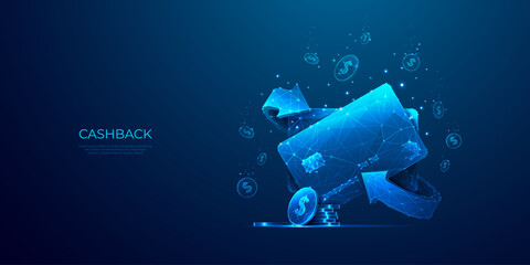 Cashback, Money Exchange concept. Abstract credit bank card, coin, return arrows in light blue futuristic monochrome style on technology background. Transfer money back. Low Poly vector illustration. - obrazy, fototapety, plakaty