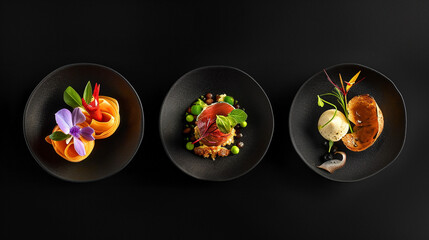 Creative Michelin-starred dishes using different ingredients, very creative shapes, and food placed directly on a black background, The Art of Cooking.