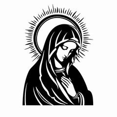 Mother of Jesus Our Lady Virgin Mary, Holy Mary, madonna, vector illustration, black on white background, printable, suitable for logo, sign, tattoo, laser cutting, sticker and other print on demand	