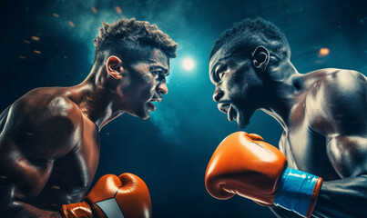 Fototapeta na wymiar Two emotional strong man boxers in dynamic action in boxing ring