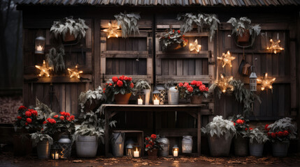 Fototapeta na wymiar Step into a magical realm with this captivating rusted wooden backdrop, embellished with charming decorative accessories, stars, flowers, and the soft glow of LED lights for a rustic and enchanting am