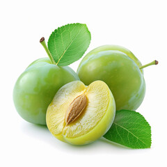 Fresh green plums with leaf isolated on white background, ai technology