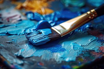 Fototapeta premium Unleashing Creativity A Close-Up View of a Paintbrush Dipped in Blue Paint Resting on an Artist’s Palette Full of Mixed Colors in a Vibrant Art Studio