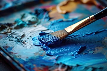 Fototapeta premium Unleashing Creativity A Close-Up View of a Paintbrush Dipped in Blue Paint Resting on an Artist’s Palette Full of Mixed Colors in a Vibrant Art Studio