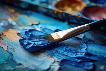 Fototapeta premium Unleashing Creativity A Close-Up View of a Paintbrush Dipped in Blue Paint Resting on an Artist’s Palette Full of Mixed Colors in a Vibrant Art Studio