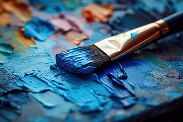 Fototapeta premium Unleashing Creativity A Close-Up View of a Paintbrush Dipped in Blue Paint Resting on an Artist’s Palette Full of Mixed Colors in a Vibrant Art Studio