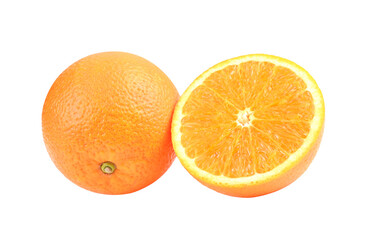 Orange fruit. Orange slice half and one segment on white