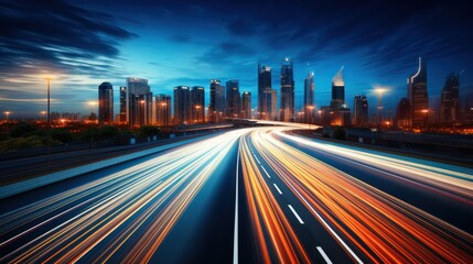 Long exposure of highway background is city night time, transportation concept