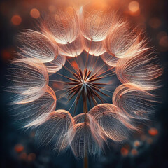 Close up on a dandelion with petals falling down during the sunset.