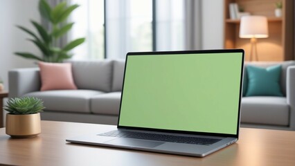 Blank Screen Laptop On The Table With Blurred Living Room Background