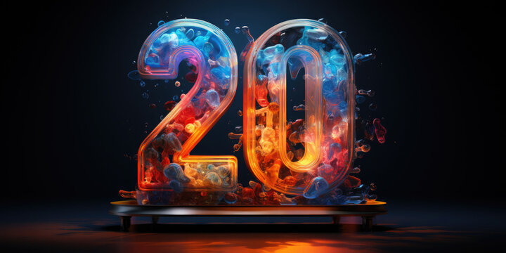Beautiful 3D number 20 on a dark background. Number for birthday, anniversary, emblem, logo.