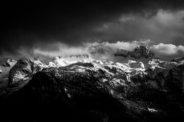Snow on Mount Canin and Montasio. Black and white