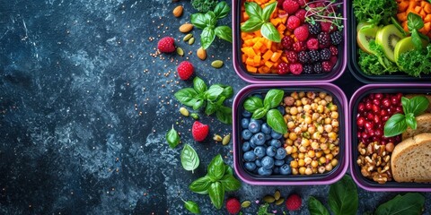 Bright and healthy set of snacks in containers, colorful mix of fresh fruits and vegetables on a wooden table. - obrazy, fototapety, plakaty