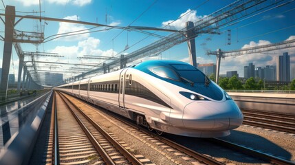 Fototapeta premium Transportation concept of train running on tracks and in the background there are complex roads intersecting each other and city