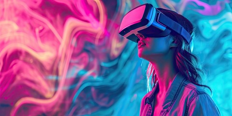 Technology in virtual reality entertainment with woman wearing headset device for modern VR game in digital future tech experiencing glasses in simulation visual cyberspace wearable equipment
