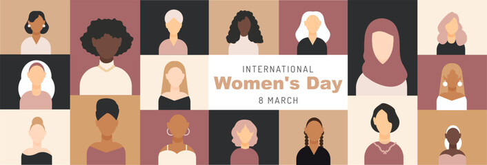 Happy Women's Day banner with women of different nationalities and cultures. Strong and brave girls support each other. Sisterhood and female friendship, March 8. Vector banner. - obrazy, fototapety, plakaty