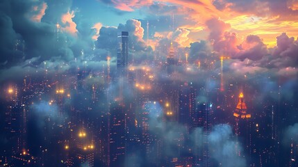 Cityscape with clouds and lights