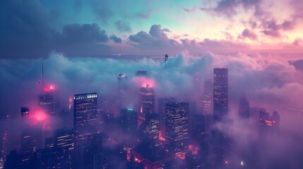 Cityscape with clouds and fog