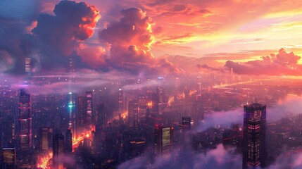 Cityscape with clouds and lights at sunset