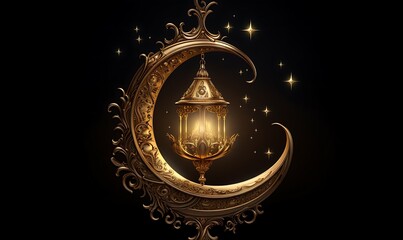 Fototapeta premium Golden Lantern Hanging from Ornate Crescent Moon. Generative Ai
