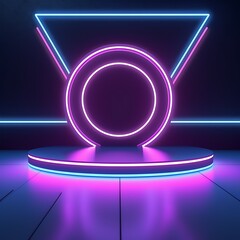 Realistic neon lights stage background with podium