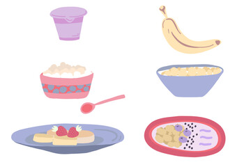 Breakfast flat design set with milk products cottage cheese yogurt