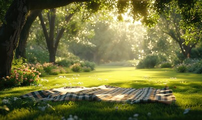 delightful picnic scene set in a serene park, bathed in golden sunlight. A soft, checkered blanket spreads across the lush green grass - obrazy, fototapety, plakaty