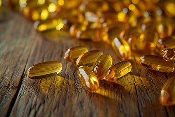 Fish oil capsules on wooden table