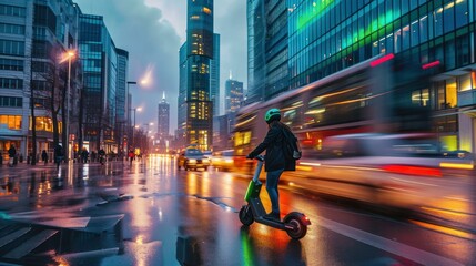 Transportation concept of urban mobility, electric scooters, sustainable public transit in a modern cityscape - obrazy, fototapety, plakaty