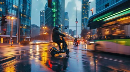 Transportation concept of urban mobility, electric scooters, sustainable public transit in a modern...