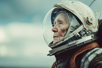 Old woman astronaut in spacesuit in profile. Generative AI