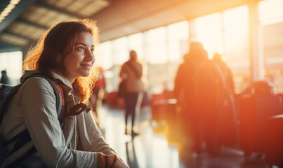 Happy traveler smiling female in airport, Woman sitting at the terminal waiting for her flight in...