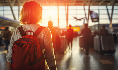 Young woman travel at airport with backpack, Female  walking at the gate