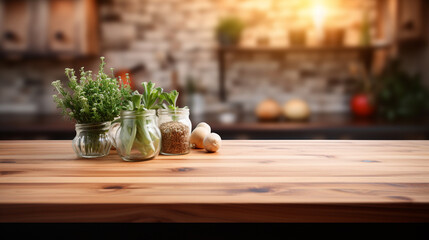 Wooden tabletop over defocused kitchen background , Generate Ai