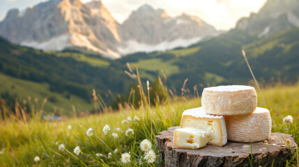 Cheese collection, wooden board with French cheeses comte, beaufort, abondance, emmental, morbier and french mountains on background - obrazy, fototapety, plakaty