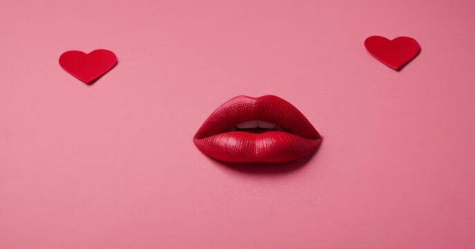 red lips surrounded by small paper hearts in red and white on a pink background. The overall mood of the image is playful and flirting. The concept of Message Valentine's Day, Romance, Wedding