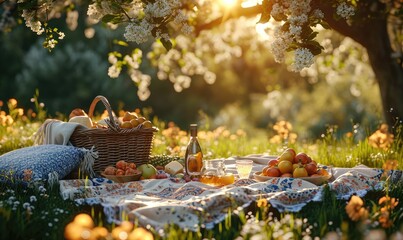 outdoor picnic scene in a lush, green meadow