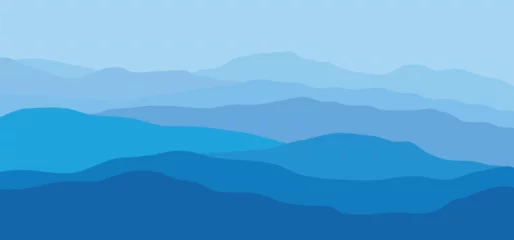 Deurstickers Abstract blue landscape illustrations. Mountains, sun, moon, sunset, desert, hills minimalist design. Trendy mid century art, boho home decor, wall art. wide art landscape design   © ribelco