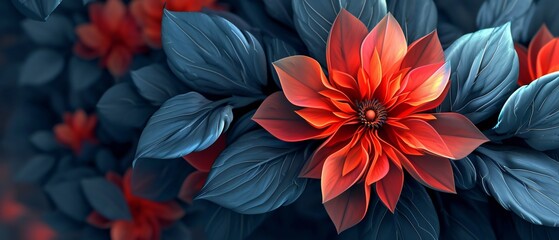 A flower with warm red petals and cool blue leaves, blending the essence of heat and chill in a vibrant contrast.
