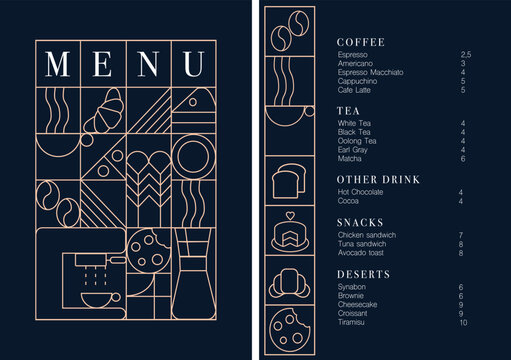 Cafe design menu. Coffee drinks menu price list for cafe, coffee shop vector template. Coffee linear print. Pattern with coffee theme in geometric minimalistic style. 