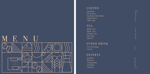 Cafe design menu. Coffee drinks menu price list for cafe, coffee shop vector template. Coffee linear print. Pattern with coffee theme in geometric minimalistic style. 