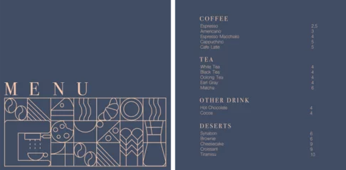 Fotobehang Cafe design menu. Coffee drinks menu price list for cafe, coffee shop vector template. Coffee linear print. Pattern with coffee theme in geometric minimalistic style.  © Alona