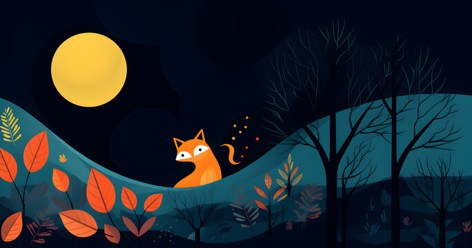 
Illustration in Matisse style, abstract fox in night forest, moon, leaves, autumn.