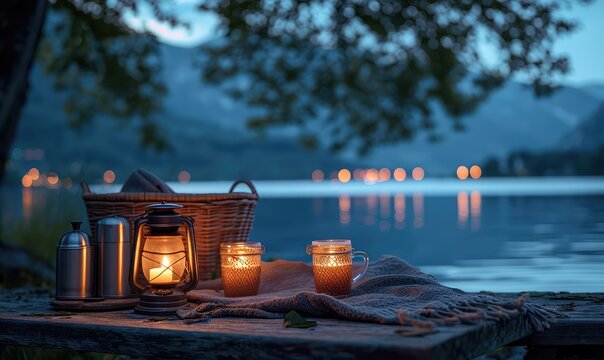 Take summer photos after the sun goes down. Park bench, candles, picnic basket, beautiful scenery