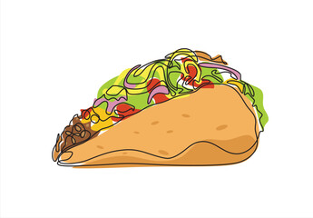 continuous single drawn one line taco hand-drawn picture silhouette. Mexican food tacos