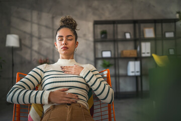 one woman meditate practice meditation at home self care concept